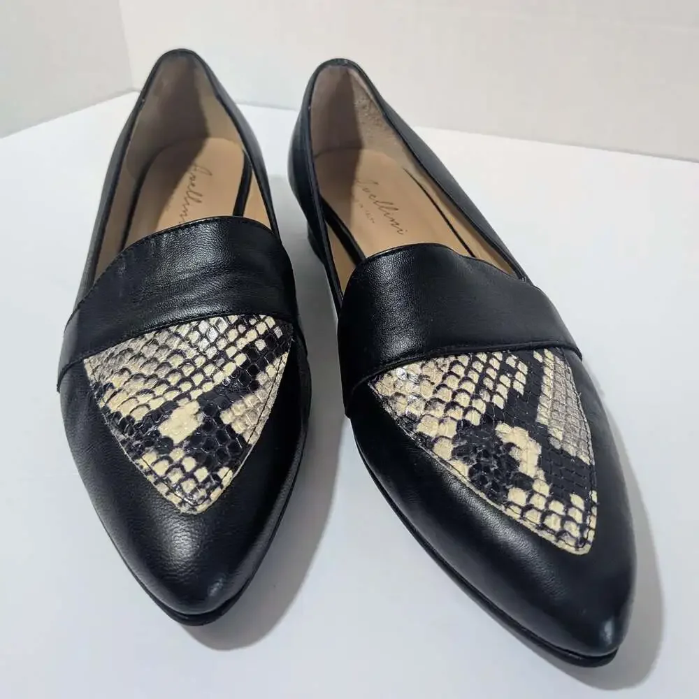 Avellini Black Leather Slip-on Pointed Toe Snake Print Loafers 859P Size 39